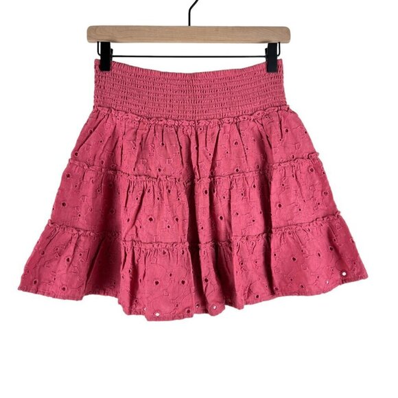 NWT American Eagle Pink A-line Smocked Tiered Eyelet Mini Skirt - Picture 1 of 7